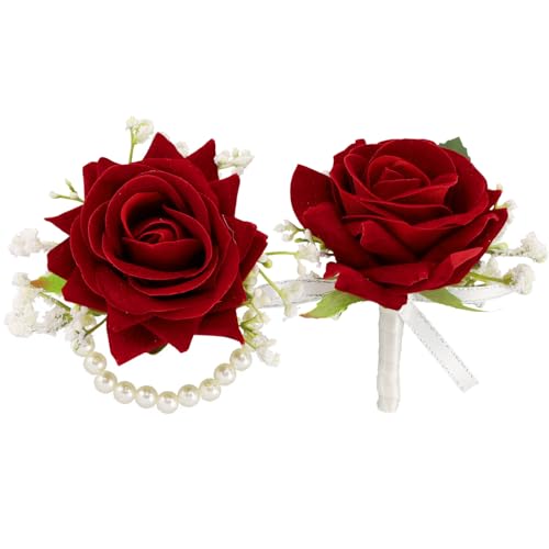 Red Wrist Corsage and Boutonniere Set Rose Silk Corsage for Prom Wedding Brides Pocket Boutonniere for Men Prom Party Decor 2PC - color: Red Corsage - Single Chain