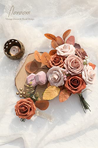 Floroom Artificial Flowers 25pcs Real Looking Burnt Orange Ombre Colors Foam Fake Roses with Stems for DIY Wedding Bouquets Bridal Shower Floral Centerpieces Party Tables Home Decorations - color: Shades of Burnt Orange (New)