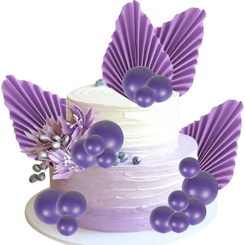 30 Pack Purple Paper Palm Fan Cake Topper With Balls - Wedding, Bridal Shower, Baby Shower, Birthday, Anniversary DIY Cake Decorations and Party Supplies - color: Design 3 Purple