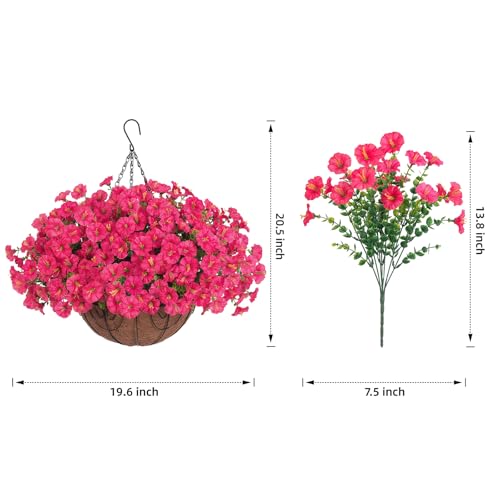 Artificial Fake Hanging Flowers Plants Baskets for Outdoors Spring Summer Decor, Faux Silk Morning Glory in Planter UV Resistant Realistic for Outside Porch Patio Balcony Garden Yard Home, Hotpink - color: Hotpink