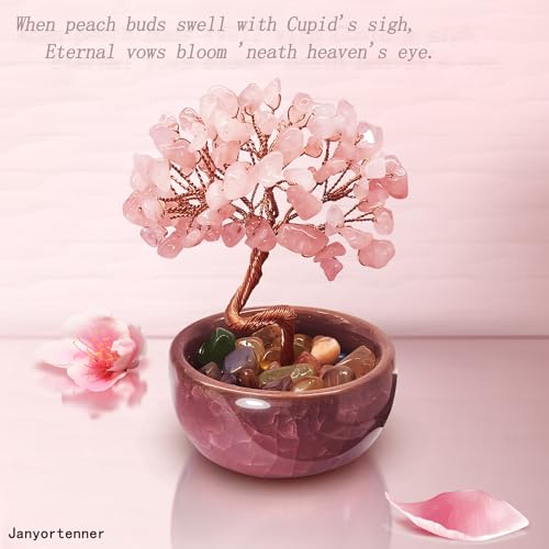 Rose Quartz Crystal Tree,Romantic Office Desk Bedroom Decor,Handmade Copper Wire in Crackle Ceramic Base,Spiritual Gift for Her - color: 1-blossom Bliss