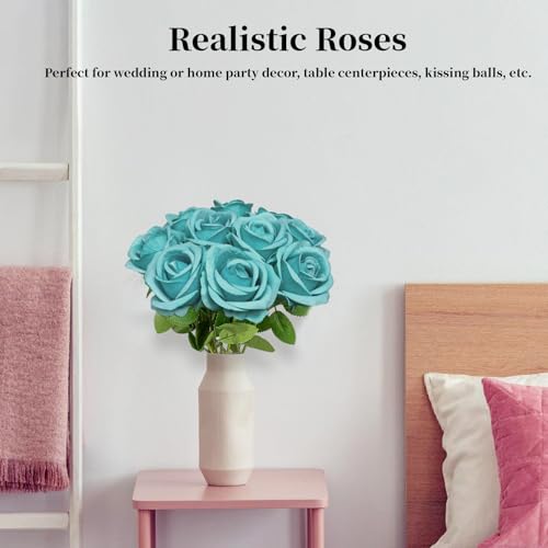 10 PCS Artificial Roses with Long Stems Silk Flowers Realistic Foam Flowers Fake Roses for Valentine's Day Autumn Fall Decor Halloween (Peacock Blue) - color: Peacock Blue