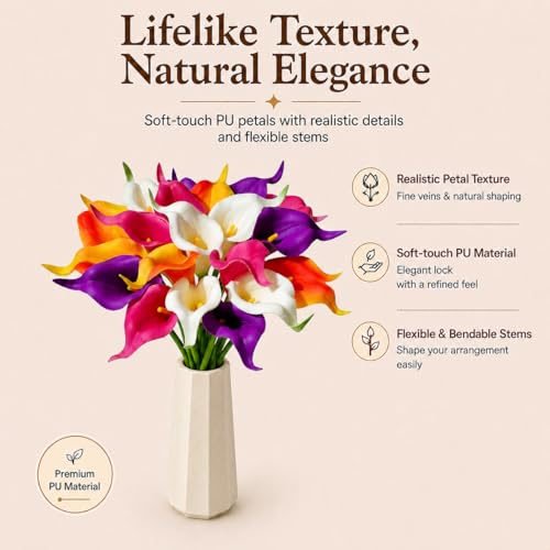 Mandy's 20pcs Colorful Calla Lily Artificial Flowers | 13.5 Inch PU Realistic Bouquet for Vase Elegant Home Decor Centerpiece Wedding Bridal Bouquet Table Decoration - color: Colorful