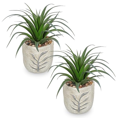 Hollyone 2 Pack Small Artificial Succulents Plants Potted Fake Spiked Succulent Plant in Rustic Pot Mini Faux Plant Agave Aloe Plant Indoor for Office Desk Farmhouse Home Table Shelf Boho Decor - color: Green #2