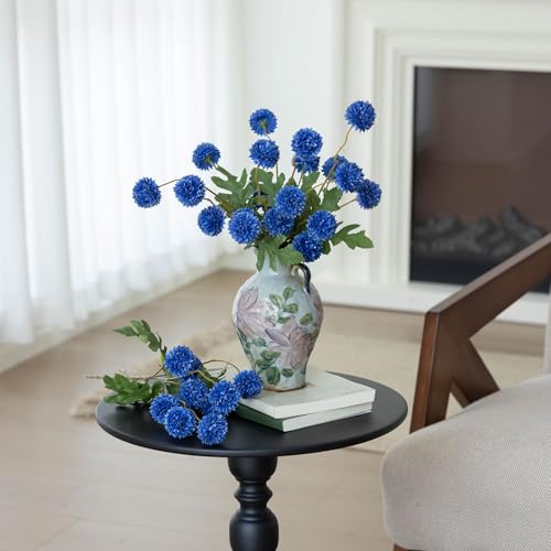 mizii 6Pcs Blue Fake Silk Pompon Mum Artificial Flowers Bulk Small Faux Chrysanthemums with Stems Realistic Floral Decorations for Wedding DIY Bouquet Centerpieces Shower Vase Home Decor (Royal Blue) - color: Royal Blue