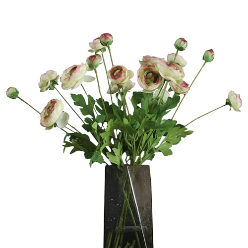 Artificial Silk Flowers Persian Buttercup Bicolor Ranunculus Flower 5 Pcs,Suitable for core Decoration,Wedding Floral Creation,Flower Arrangement DIY Project,Interior Decor（Green） - color: Green