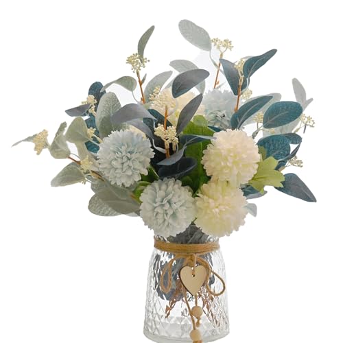 Artificial Flowers with Vase, Faux Flower Arrangement with Eucalyptus Leaves, Silk Hydrangea Table Centerpiece for Home Office Kitchen, Dining Room & Coffee Table Decor - color: White+blue