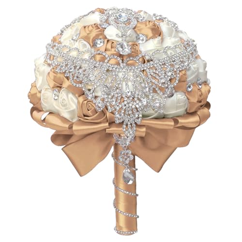 XINNI Handmade Bridal Wedding Bouquet Bride Bridesmaid Satin Rose Flower Bouquet with Drop-Shaped Rhinestone Wedding Decoration (Khaki+Ivory) - color: Khaki+ivory