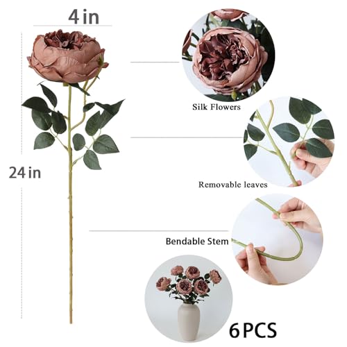 mizii 6Pcs Burnt Pink Artificial Roses Flowers Fake Silk Roses Flower with Long Stem for Wedding Decorations Table Centerpieces Flower Arrangement Home Decor (Burnt Pink) - color: Burnt Pink