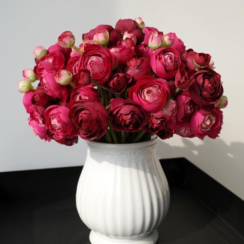 18 Pcs Ranunculus Artificial Flowers Burgundy Mini Faux Ranunculus Flowers Real Touch for Wedding DIY Bouquets Home Decor Arrangements - color: Vine Red