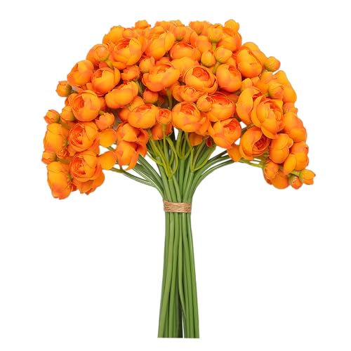 32pcs Ranunculus Artificial Flower, Faux Silk Mini Orange Ranunculus Flowers for DIY Bouquet, Bulk Fake Peony Wedding Filler Flowers for Centerpieces Arrangements Bridal Shower Decorations - color: Orange