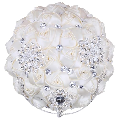 Ivory Bridal Wedding Bouquet with Bling Brooch Rhinestone String Cascading Satin Rose Flower Bouquet for Bride Bridesmaid Quinceanera Wedding Ivory 9.5in - color: ['Ivory #3'], size: Diameter: 9.5 inches
