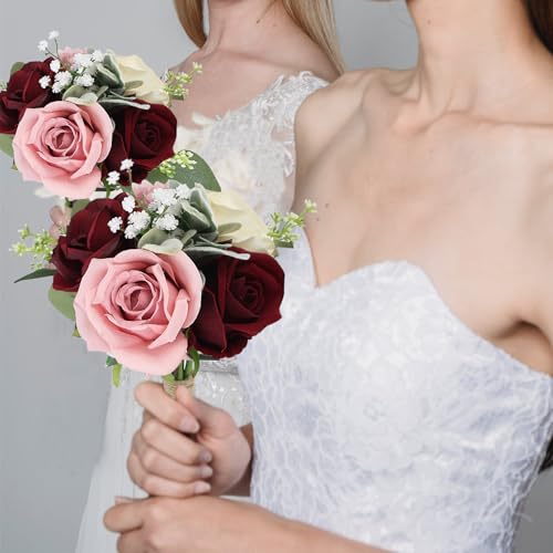 Set of 6 Artificial Bridesmaids Bouquets for Wedding -7 Inch Bridesmaid Bouquet Blush & Burgundy Silk Rose Pre-made Small Wedding Flowers for Bridal Shower Centerpieces Ceremony & Anniversary - color: Blush & Burgundy, size: 6pcs Bouquets