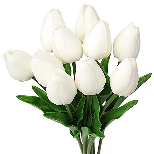 10 Pcs White Tulips Artificial Flowers Real Touch Fake Tulips Fake Flowers for Mother's Day 13.5" Faux Tulips Faux Flowers Bulk Artificial Tulips Flowers for Vase Centerpieces Home Wedding Bouquet - color: White #10
