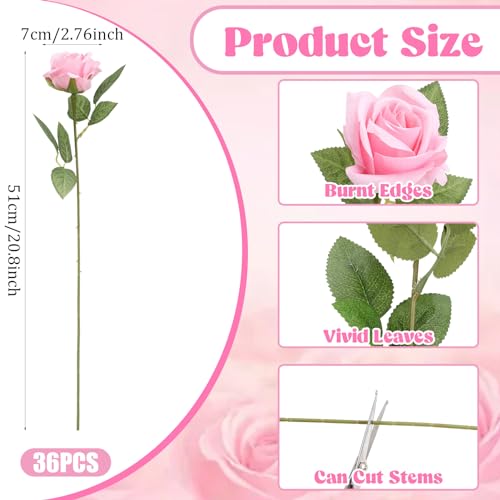 36 Pcs Silk Pink Roses Bouquet Bridal Artificial Flowers Mothers Day,Fake Rose Long Stem Realistic Artificial Flowers Bulk for Wedding Bouquet Ball Arrangement Centerpiece Party Decor - color: Pink
