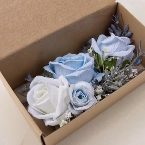 Rose Corsage and Boutonniere Set, 2PCS Handmade Artificial Flower Bride Wrist Corsage Wristlet Bracelets Wristband Men Boutonniere for Wedding Prom Suit Decorations - color: Blue