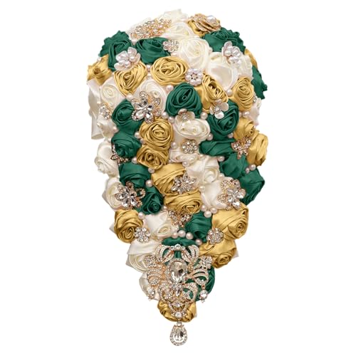 Handmade Satin Rose Water Drop Bridal Bouquet,8.7inch Crystal Wedding Round Tossing Bouquet,Jewelry Proposal Bridesmaid Bouquet Groom Corsage Bride Wrist Flower ivory (07#Ivory Darkgreen Gold) - color: 07#ivory Darkgreen Gold