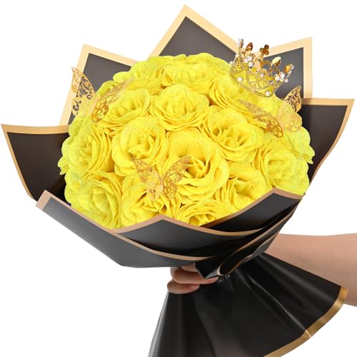 Waipfaru Yellow Glitter Roses Bouquet, DIY Flowers Bouquet, Birthday Gifts for Women Mom Grandma Wife Girlfriend, 24 Pcs Fake Rose for Valentines, Mothers Day, Anniversary, Graduation Gifts - color: Yellow, size: 24pcs
