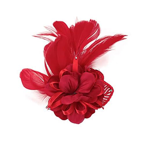 Song Qing Women's Fascinator Feather Flower Pin Brooch Corsage Bridal Hairband Derby Hat Cocktail Party Wedding - color: A3 Red