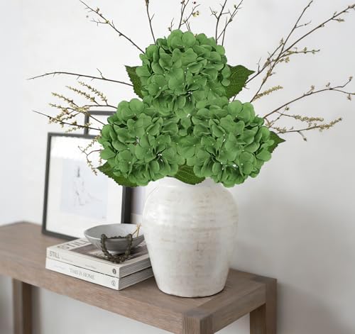 Hollyone 3Pcs Dark Green Hydrangea Artificial Flowers Real Touch Faux Silk Hydrangeas Flowers with Stem Fake Florals Flower for Home Wedding Table Centerpiece Vase Arrangements Decoration - color: Dark Green