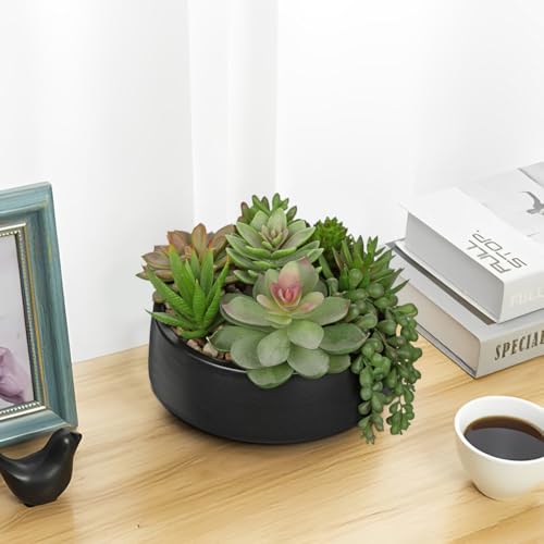 DILATATA Artificial Succulent Plants in Pot 5.5 Inch Fake Succulents Arrangement Potted Plant in Black Ceramic Planter Bowl for Home Office Desk Shelf Living Room Bedroom Bathroom Decor - color: Black Ceramic#style 2
