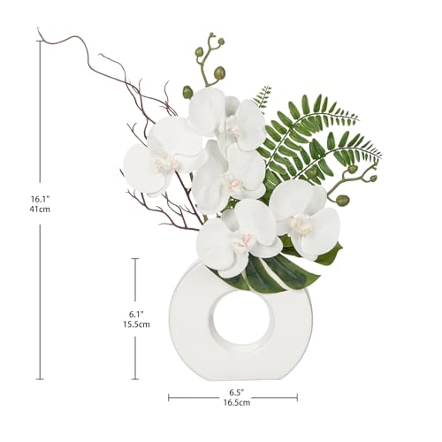Briful Orchid Artificial Flowers 16.1'' White Orchid Silk Flowers with Ceramic Vase Faux Orchid Arrangement for Home Office Table Centerpiece Indoor Decoration - color: White