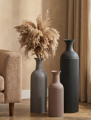 Sziqiqi Metal Tall Floor Vase: Tricolor Large Ribbed Floor Vasess 27/20/16in for Living Room - Farmhouse Earth Tones Vases for Pampas Grass - Oversized Standing Vase for Fireplace Home Corner Hallway - color: Earth Tone