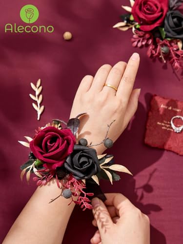 Alecono Set of 2 Wrist Corsage for Wedding, Burgundy and Black Corsages for Bride Bridesmaid, Artificial Flowers for Prom Graduation Ceremony Anniversary - color: Burgundy, size: Wrist Corsage 2pcs