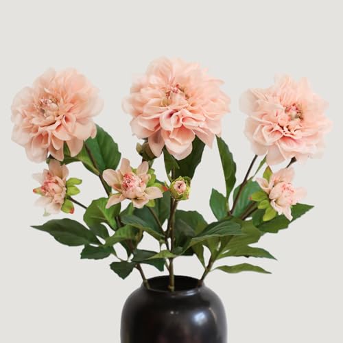 KBREE Dahlia Artificial Flowers, 3 Pcs Real Touch Blush Pink Flowers, 24.3” Long Stem Faux Dahlias in Natural Tones, Large Bloom Stems for Wedding Bouquet DIY, Table Centerpiece & Home Office Decor - color: Blush Pink