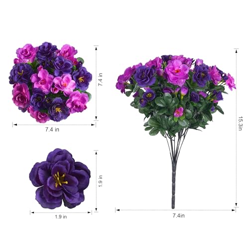 Artificial Fake Outdoor Flowers Plants, Faux Silk Camellia Bundles UV Resistant No Fade Realistic for Planter Pot Outside Porch Patio Balcony Garden Yard Home Decor, 3 Large Bundles (Purple+Fuchsia) - color: Purple+fuchsia