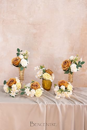 Terracotta Wedding Centerpieces Flowers Set of 6 Mini Bridesmaid Bouquets Pre-Made Flowers for Fall Wedding Decorations Artificial Flowers Mustard Yellow & Cream - color: France Terracotta