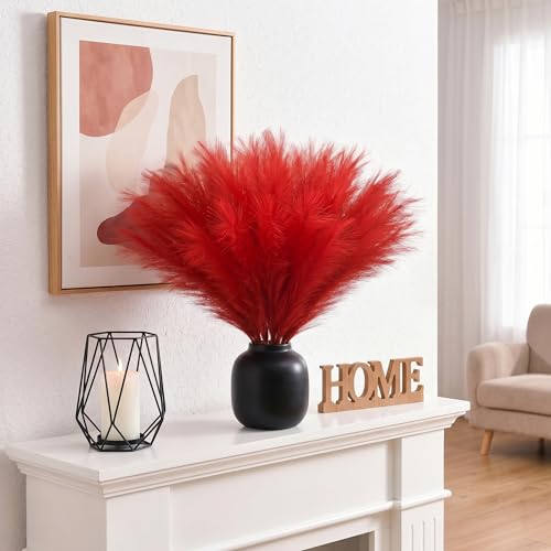 obbsie 150pcs Red Faux Pampas Grass Decor, 21.6" Short Artificial Floral Branches Vase Filler Flower Arrangement for Home Wedding Boho Outdoor Decor - color: Red, size: 150 PCS