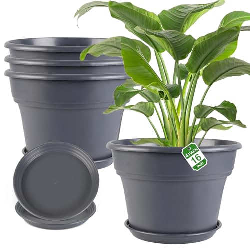 Myfeegoin 16-inch-Plant-Pots, 4 Pack Large Planters for Outdoor Plants, Plastic Flower Pots Indoor with Drainage Holes & Trays, Classic Garden Pot Container for House - color: Gray, size: 16inch