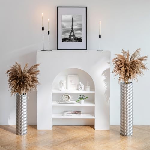 Sziqiqi Silver Tall Floor Vase: 27.6/21.7in Metal Cylinder Vases Extra Large Decorative Vase Set of 2 Living Room Modern Honeycomb Texture Big Standing Decor for Dining Bedroom Home Corner Indoor - color: Silver