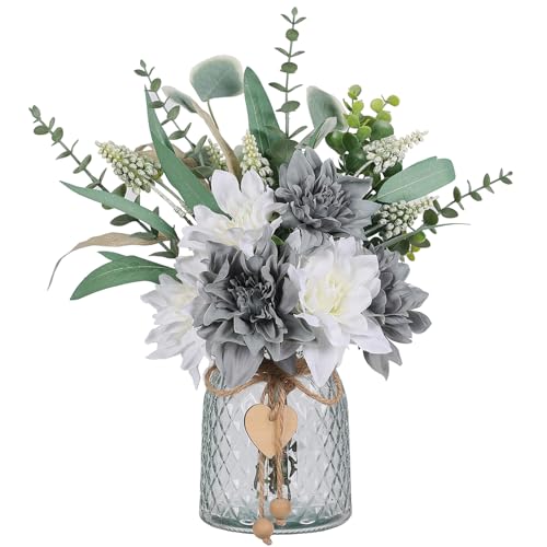 Faux Flowers with Vase,Artificial Silk Flowers in Vase, Fake Plant Eucalyptus and Willow,Flower Arrangement for Home Farmhouse kitchen Dining Table Centerpiece Decorations Table Decor (Grey Blue) - color: Grey Blue