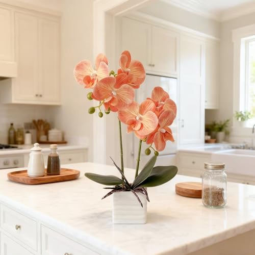 Artificial Orchids for Home Decor Indoor with Vase Orchids Artificial Flowers Orange Orchid Height 14 Inches - color: Orange