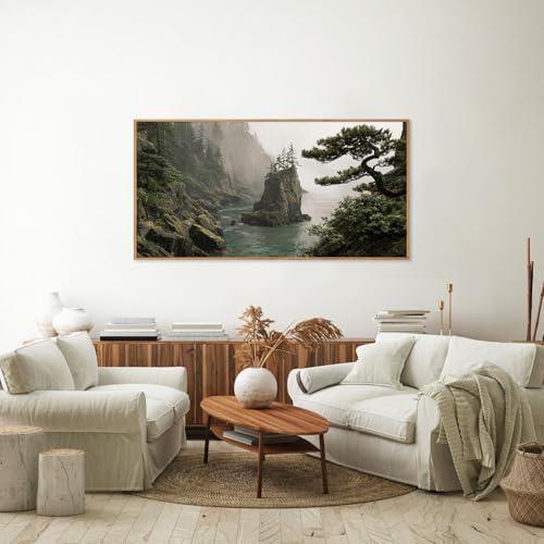 Rantodecor Coastal Forest Framed Canvas Wall Art, Pacific Northwest Coast landscape Wall Decor, Nature PNW Mountain Sea Art Paintings, Sage Green Pine Artwork for Bedroom Living Room Office 40"x20" - color: Coastal Forest, size: 40"L x 20"W