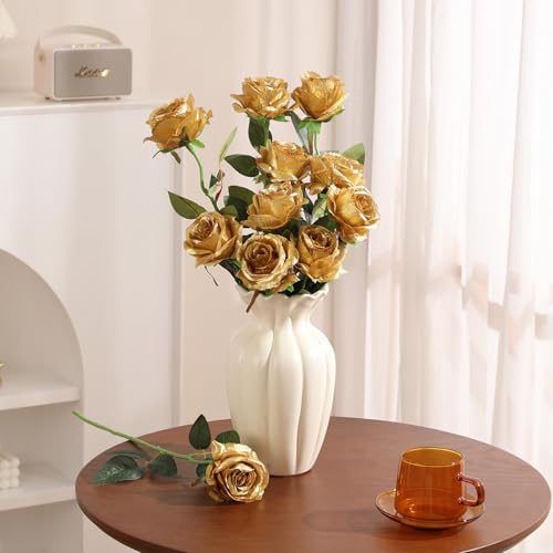 Veryhome 10 Pcs Artificial Gold Flowers Silk Roses Real Touch Bridal Wedding Bouquet Gold Rose for Christmas Home Garden Party Floral Decor - color: Blooming Rose - Gold