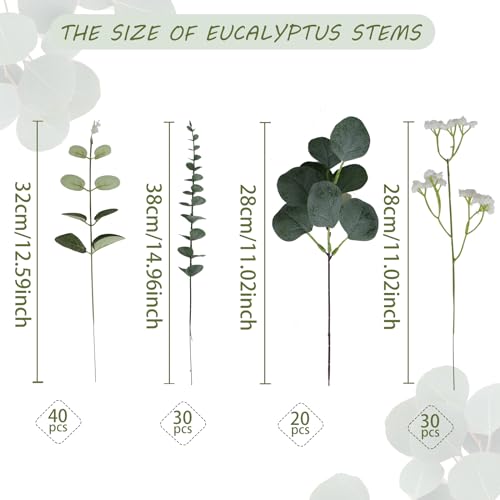 Coreland Artificial Eucalyptus Leaves Stems 120 Pcs 4 Kinds Mixed Fake Silver Dollar Eucalyptus Leaves Stem with Babysbreath Bulk Faux Leaf for DIY Bouquets Floral Arrangement Wedding Home Decor - color: Babysbreath-120pcs