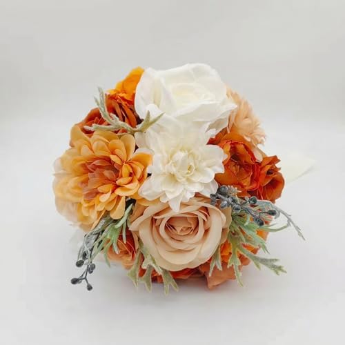 Wedding Bouquets for Bride, Burnt Orange White Bridal Bouquet | Realistic Silk Rose for Autumn Wedding, Proposal, Thanksgiving and Venue Decoration - color: Burnt Orange