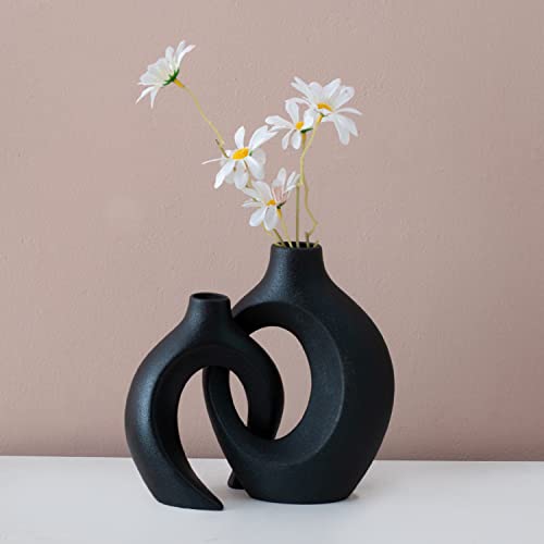 Liotww Black Vases Home Decor Set of 2, Ceramic Black Small Flower Vase, Minimalist Boho Decorative Modern Donut Vase for Farmhouse Living Dining Room Office Entryway Bookshelf Coffee Table Décor - color: Large-matte Black