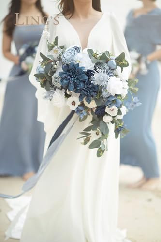 Ling's moment Fake Flowers Box, Faux Artificial Greenery Stems Foam Roses Silk Dahlia Fabic Flower for Centerpieces Bouquet Wedding Vase Floral Arrangement Decorations, Dusty Blue & Navy, Grand Combo - color: Blu-dusty Blue & Navy, size: Grand