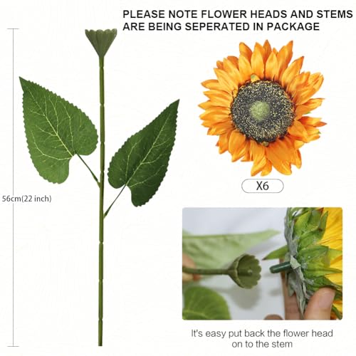 Olrla Artificial Sunflower Single Long Stem,6pcs Orange Silk Sunflowers for Flora Arrangements, Spring Decor, Home Office Table Centerpiece (NO VASE) - color: Orange Long Stem
