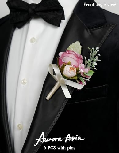 AuroraAria Dusty Rose Boutonniere for Men,Set of 6,Groom Boutonniere for Wedding,Anniversary,Homecoming,Formal Dinner Party,Wedding Decor,Artificial Dusty Rose Rose - color: Dusty Rose