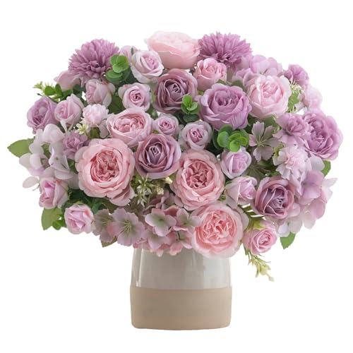 8 Pcs Mixed Artificial Peony Flowers Set-4 Bouquets & 4 Stems, Purple Fake Peony Rose Hydrangea Flower for Vase Silk Floral Arrangement for Table Centerpiece Wedding Party Bridal Decoration Home Decor - color: Purple, size: Mixed 8pcs