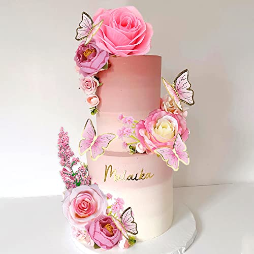 17 PCS Flower Cake Toppers Boho Cake Toppers Butterfly Cake Decorations with Light Artificial Roses Eucalyptus for Wedding Birthday Supplies (Light Pink) - style: Light Pink