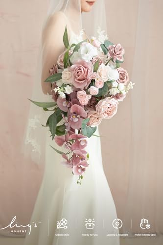Ling's moment Dusty Rose Bridal Bouquet Cascading, Pink Wedding Bouquets for Bride, 15 Inch Bride Bouquet Orchids Artificial Wedding Flower Bouquet - color: Pk-exquisite Dusty Rose & Cream, size: Medium 15 Inch