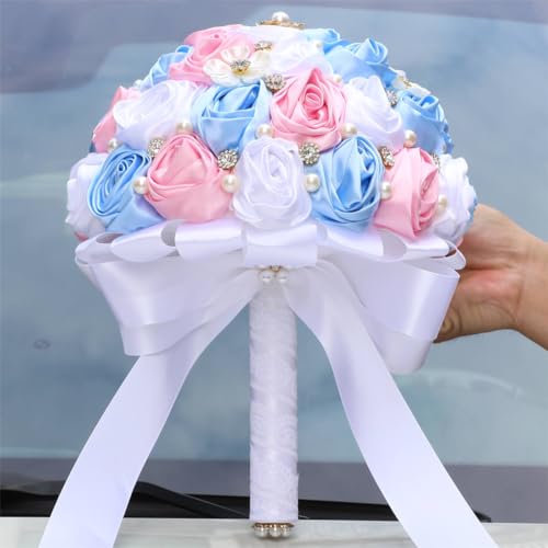 MaxxCloud 5.9‘’ Handmade Romantic Toss Bouquet for Bride Stunning Bridesmaid Brooch Wedding Bouquet with Jewelry Petals Blue Pink and White - color: Blue Pink+white, size: 5.9''/15cm