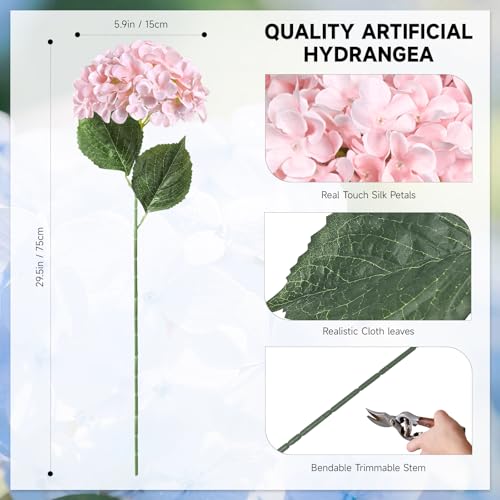 6 PCS Artificial Hydrangea Flowers, Faux Silk Hydrangea with Long Stems, Home Wedding Decor, Table Centerpieces, Party Decorations(Light Pink) - color: Light Pink