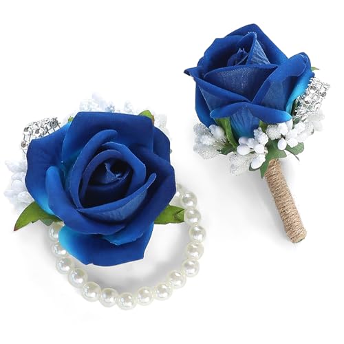 Floroom Royal Blue Rose Wrist Corsage Wristlet Band Bracelet and Men Boutonniere Set for Wedding Flower Accessories Prom Suit Decorations - color: Royal Blue